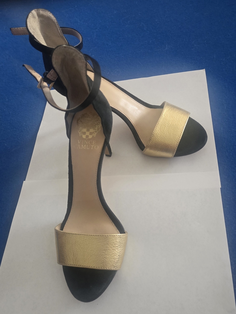 Vince Camuto Black and Gold Open-Toe Ankle-Strap Heels